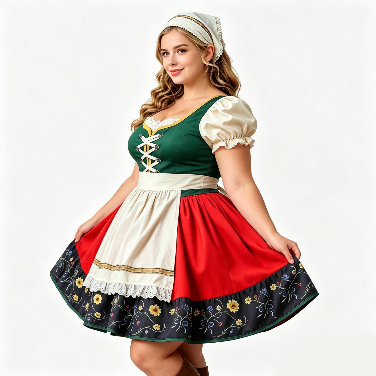 Plus Size Dirndl Dress Bavarian Oktoberfest Costume Floral Print Apron Dress